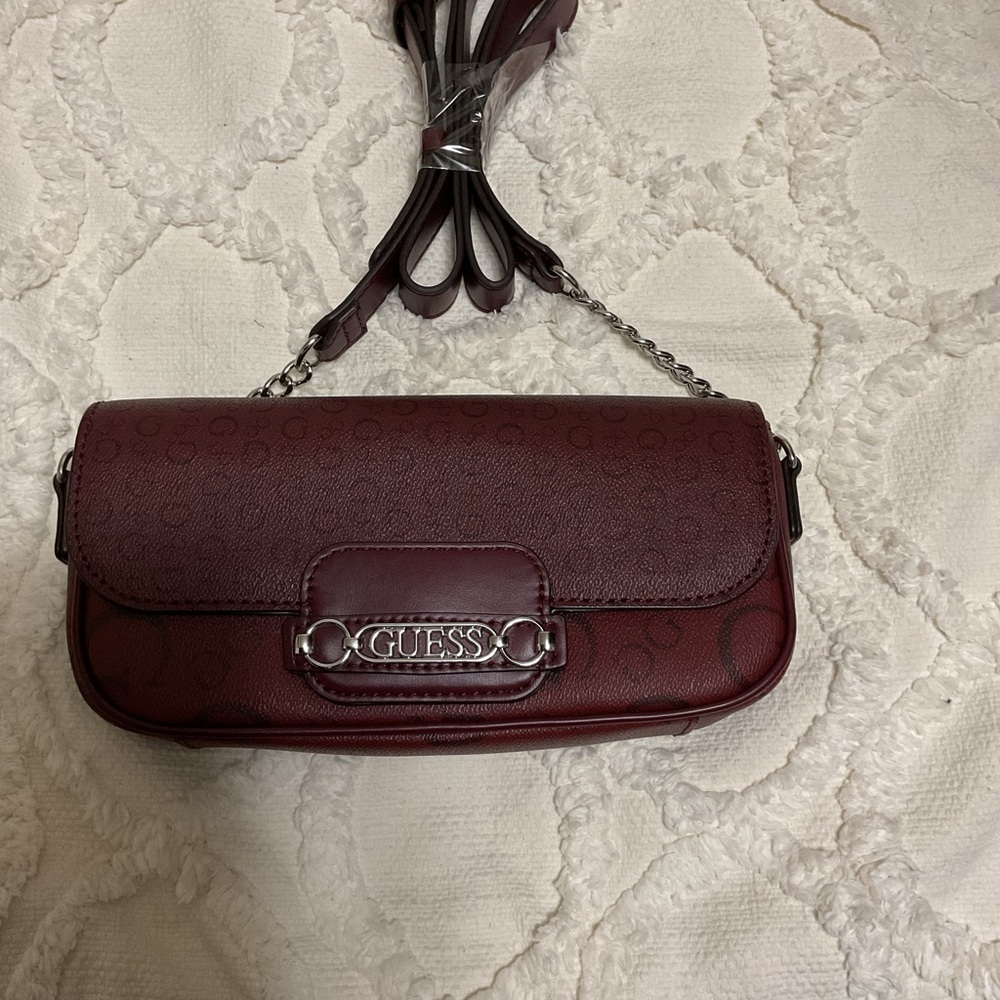 GUESS Burgundy Shoulder Bag with Silver Hardware